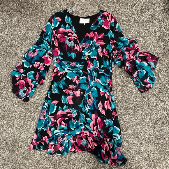 Charles Henry Dresses & Skirts - Floral Ruffle Sleeve Dress - Pink, Teal & Black